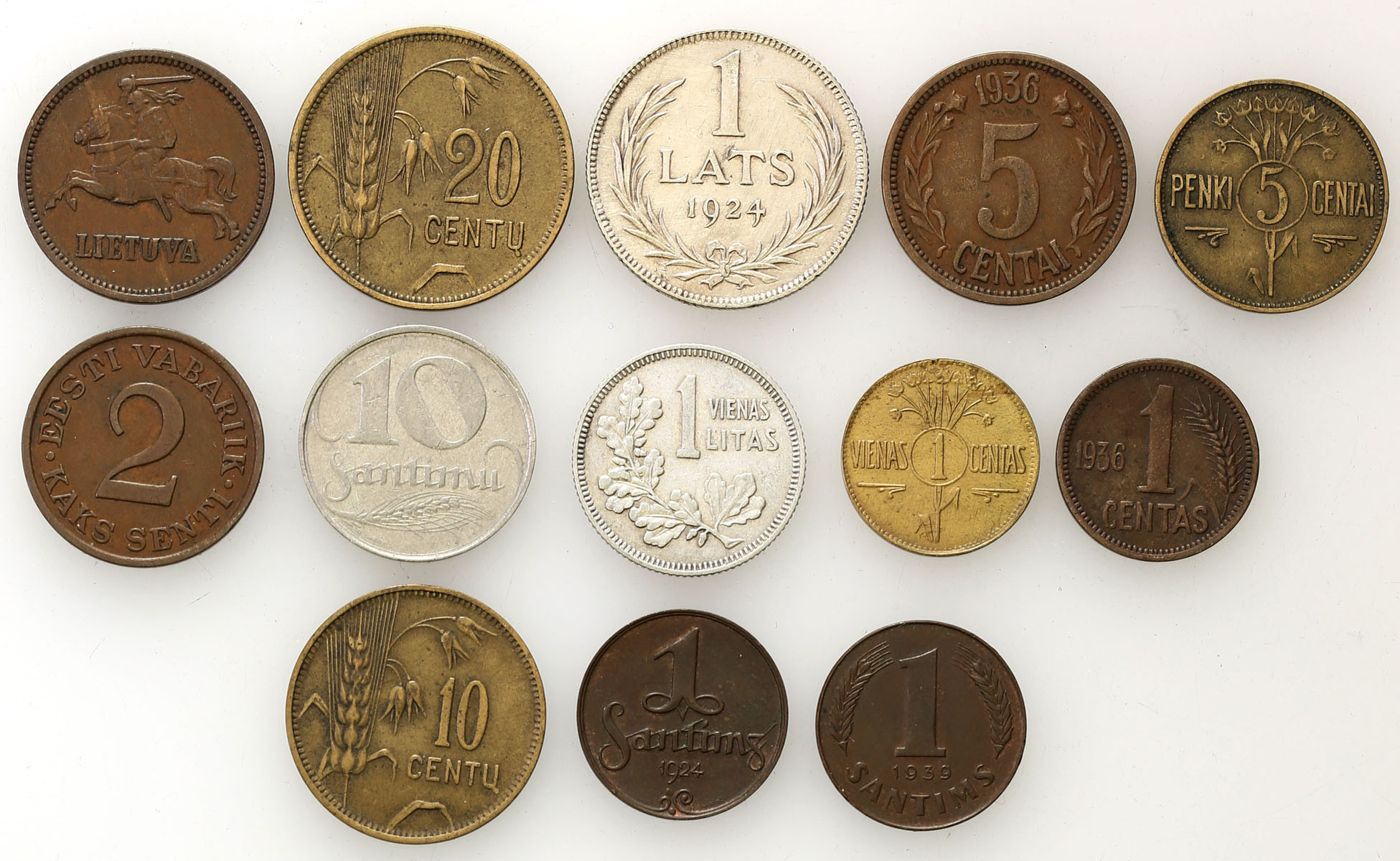 Litwa, Łotwa,  Estonia, zestaw 13 monet 1922 - 1936